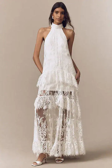 Lace halter ruffle peekaboo maxi dress